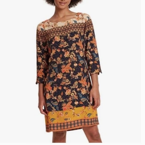 Desigual Paula Floral Shift Dress Black Gold Yellow Orange Size 46 / US XXL - Picture 1 of 12